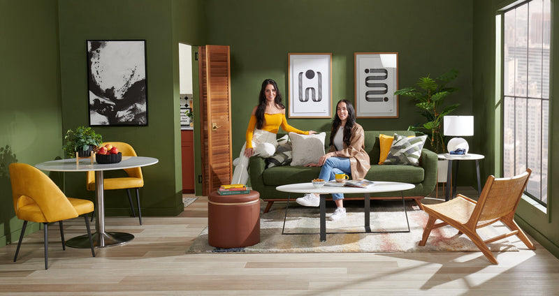 Kort & Co. Freeman 80” Linen-Look Fabric Condo Size Sofa with Wood Legs - Avocado Green