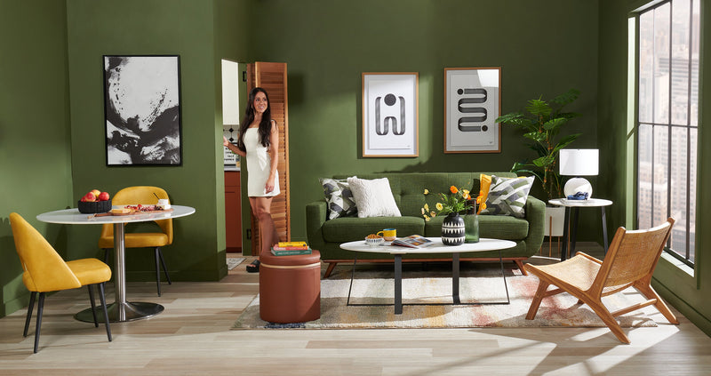 Kort & Co. Freeman 80” Linen-Look Fabric Condo Size Sofa with Wood Legs - Avocado Green