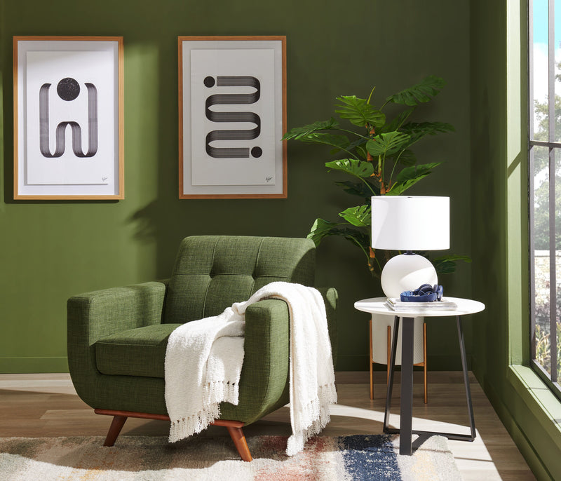 Kort & Co. Freeman 37\" Linen-Look Fabric Chair with Wood Legs and Tufted Back Cushion - Avocado Green