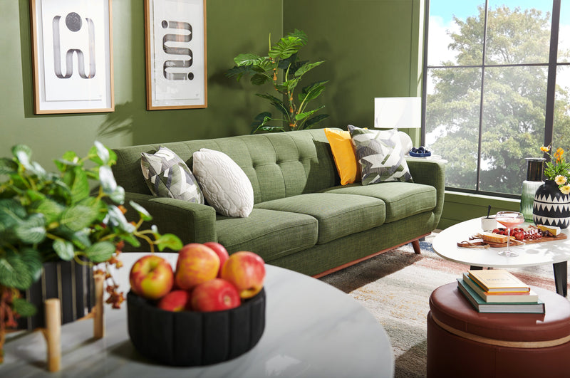 Kort & Co. Freeman 88\" Linen-Look Fabric Sofa with Wood Base and Tufted Back Cushions - Avocado Green