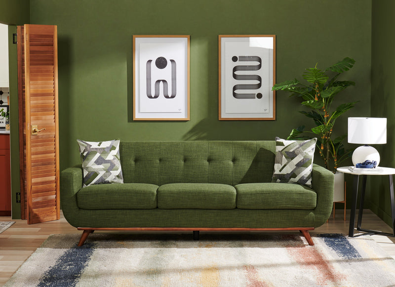 Kort & Co. Freeman 88\" Linen-Look Fabric Sofa with Wood Base and Tufted Back Cushions - Avocado Green