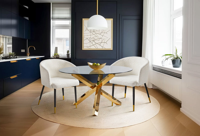 Gem Dining Table with Glass Top, Metal Geometric Base, 55\"W Round - Gold