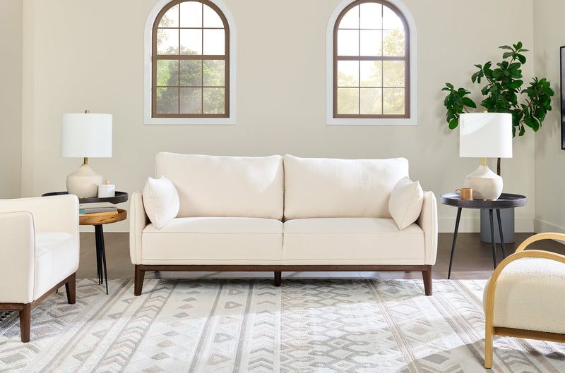Cindy Crawford Home Gena 78.7\" Linen-Look Fabric Condo Size Sofa with Removable Back Cushions - Cotton White