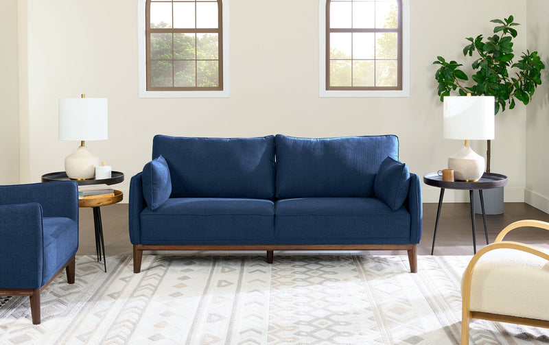 Cindy Crawford Home Gena 78.7\" Linen-Look Fabric Condo Size Sofa with Removable Back Cushions - Midnight Blue