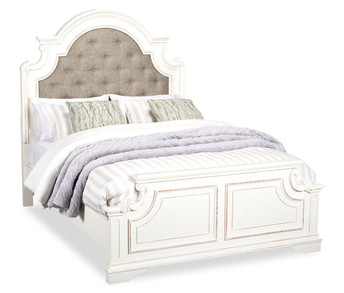 Grace Panel Bed with Headboard & Frame, Wooden, Fabric, Antique White - Queen Size 