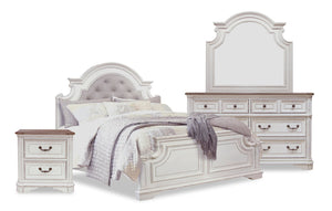 Grace 6pc Bedroom Set with Bed, Dresser, Mirror & Nightstand, Wooden, Fabric, Antique White - Queen Size
