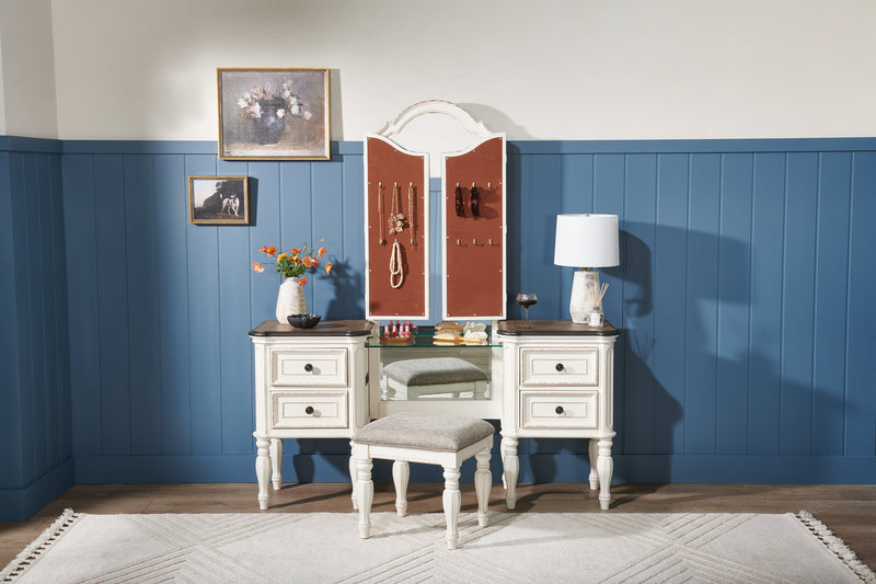 Grace Bedroom Vanity Set with Stool, Mirror, Built-in Power Outlets & USB Ports - Antique White