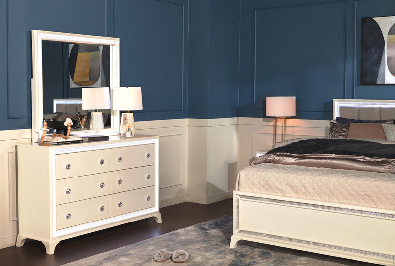 Halo Bedroom 6-Drawer Dresser with LED Light, 58\"W x 35\"H, Glam - White