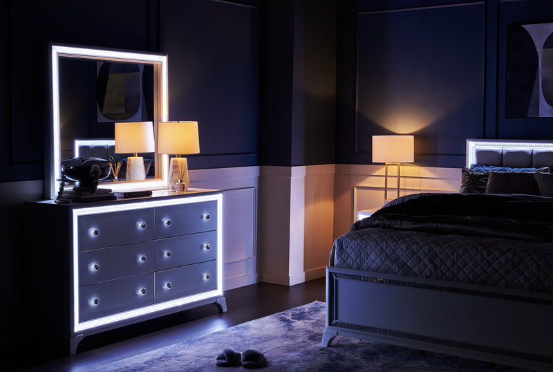 Halo Bedroom 6-Drawer Dresser with LED Light, 58\"W x 35\"H, Glam - White