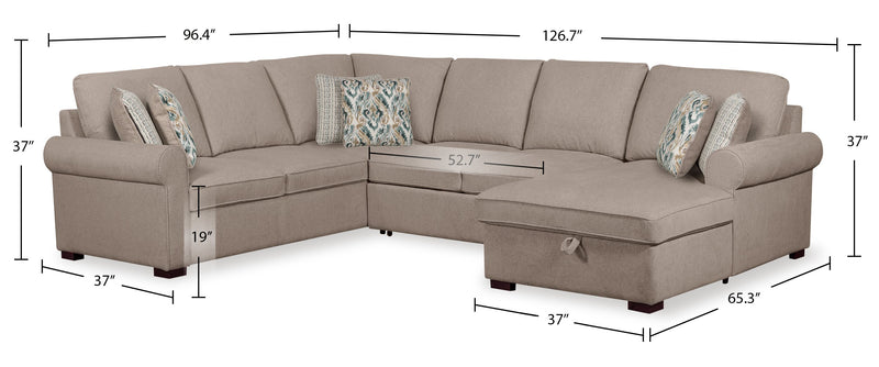 Scott Living Haven 3-Piece Right-Facing Chenille Fabric Sleeper Sectional with Storage Chaise - Taupe