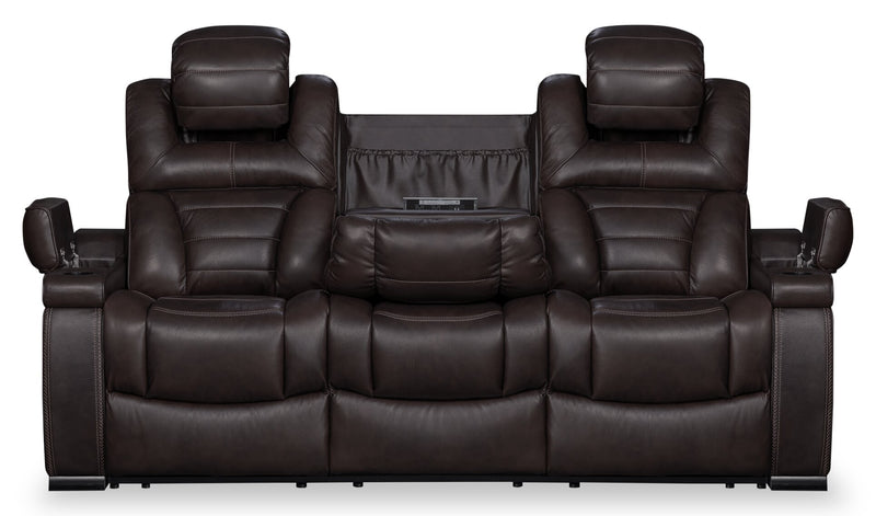 Hugo 84\" Genuine Leather Power Reclining Sofa with Power Headrests, Dual Cupholders and USB Ports - Brown