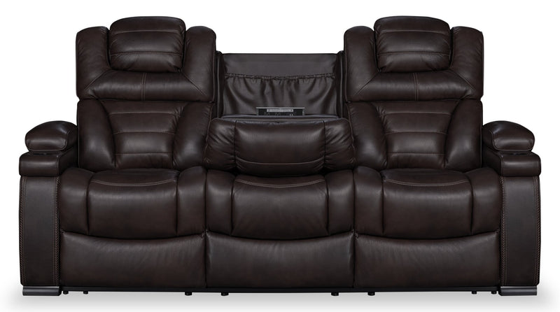 Hugo 84\" Genuine Leather Power Reclining Sofa with Power Headrests, Dual Cupholders and USB Ports - Brown