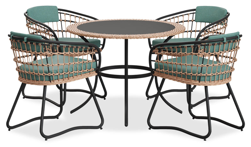 Kort & Co. Ibiza 5-Piece Outdoor Patio Set with Round Table & 4 Chairs - Hand-Woven Resin Wicker, Black Glass Table Top, UV & Weather Resistant - Dark Grey/Natural/Green