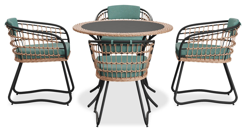 Kort & Co. Ibiza 5-Piece Outdoor Patio Set with Round Table & 4 Chairs - Hand-Woven Resin Wicker, Black Glass Table Top, UV & Weather Resistant - Dark Grey/Natural/Green