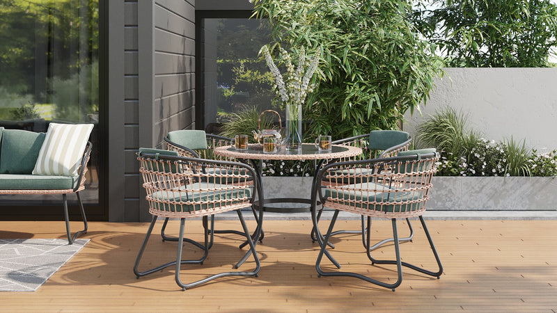 Kort & Co. Ibiza 5-Piece Outdoor Patio Set with Round Table & 4 Chairs - Hand-Woven Resin Wicker, Black Glass Table Top, UV & Weather Resistant - Dark Grey/Natural/Green