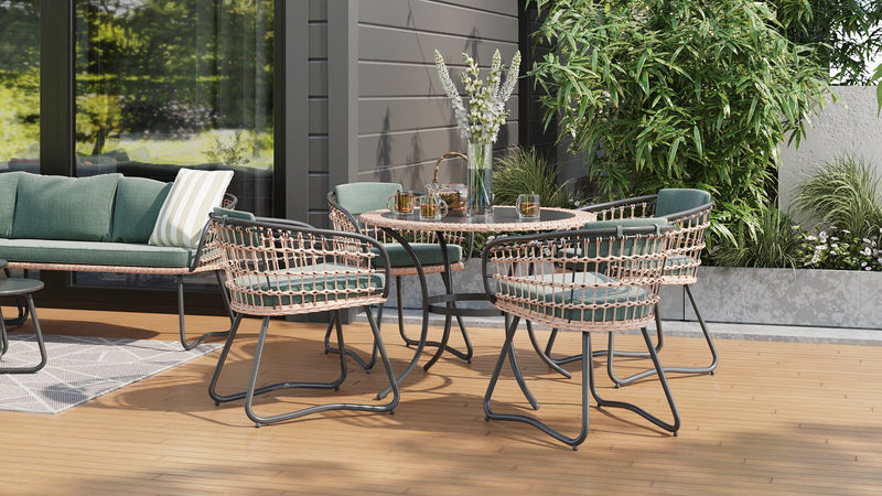 Kort & Co. Ibiza 5-Piece Outdoor Patio Set with Round Table & 4 Chairs - Hand-Woven Resin Wicker, Black Glass Table Top, UV & Weather Resistant - Dark Grey/Natural/Green