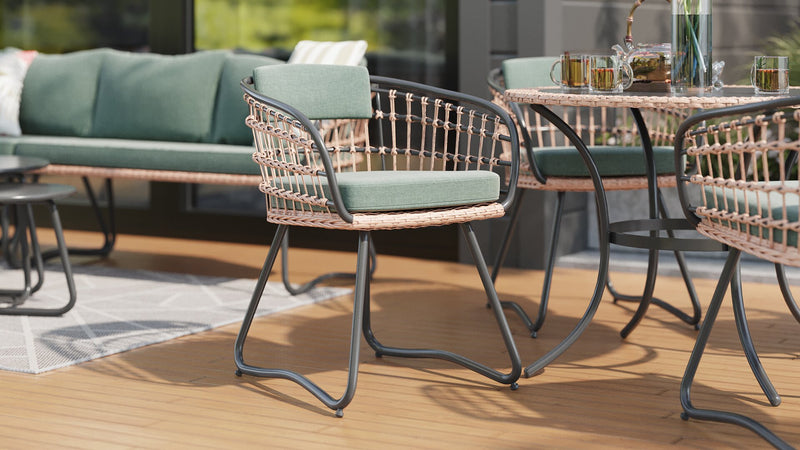 Kort & Co. Ibiza 5-Piece Outdoor Patio Set with Round Table & 4 Chairs - Hand-Woven Resin Wicker, Black Glass Table Top, UV & Weather Resistant - Dark Grey/Natural/Green