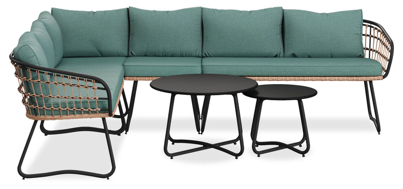 Kort & Co. Ibiza 6-Piece Outdoor Patio Sectional with 4-Piece Sectional & 2 Tables - Hand-Woven Resin Wicker, UV & Weather Resistant - Dark Grey/Natural/Green