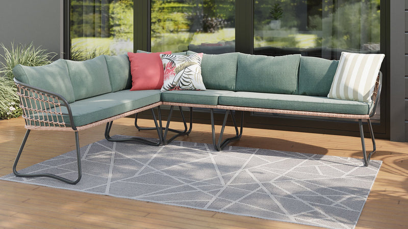 Kort & Co. Ibiza 6-Piece Outdoor Patio Sectional with 4-Piece Sectional & 2 Tables - Hand-Woven Resin Wicker, UV & Weather Resistant - Dark Grey/Natural/Green