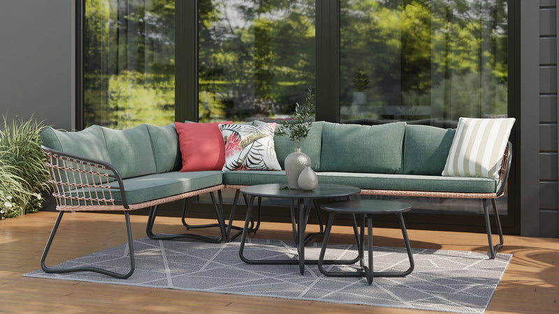 Kort & Co. Ibiza 6-Piece Outdoor Patio Sectional with 4-Piece Sectional & 2 Tables - Hand-Woven Resin Wicker, UV & Weather Resistant - Dark Grey/Natural/Green