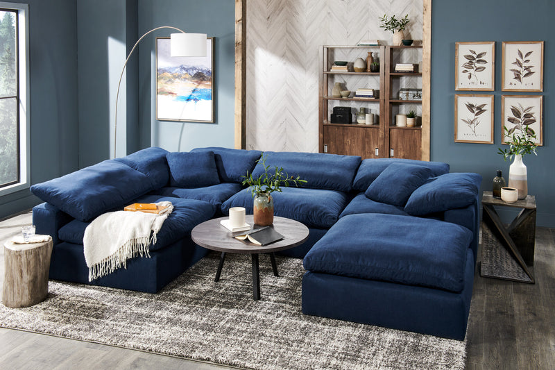 Eclipse Modular 6-Piece Linen-Look Fabric Sectional with Ottomans and Reversible Feather Down Cushions - Navy Blue