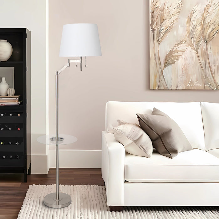 Kort & Co. Joss 61\" Brushed Steel Floor Lamp with USB Charging and Built-In Side Table