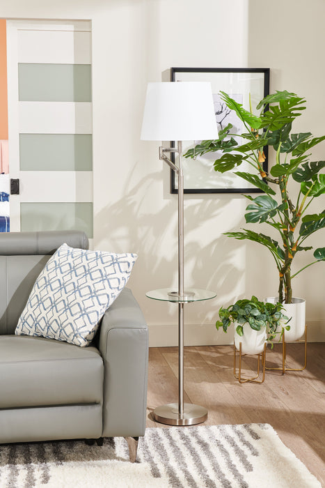 Kort & Co. Joss 61\" Brushed Steel Floor Lamp with USB Charging and Built-In Side Table