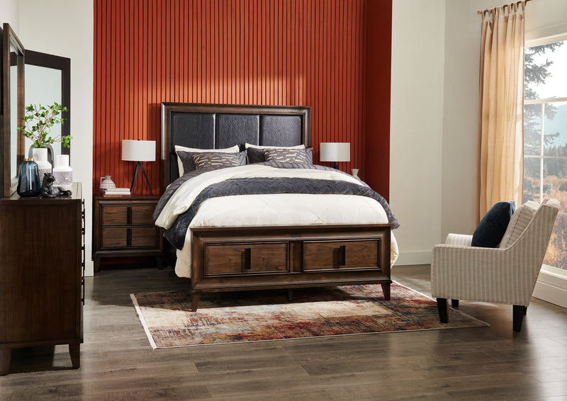 Kane Platform Storage Bed with Headboard & Frame, Vegan Leather, Brown - Queen Size