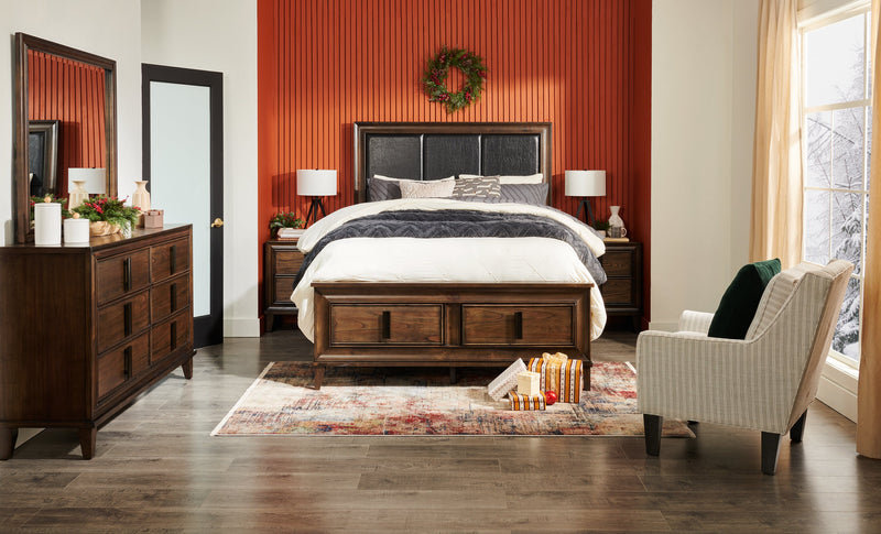 Kane Platform Storage Bed with Headboard & Frame, Vegan Leather, Brown - Queen Size