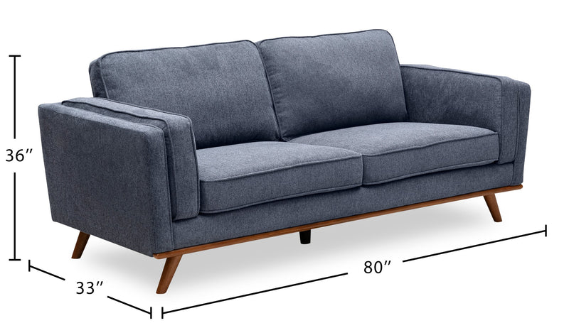 Kort & Co. Kassia 80\" Linen-Look Fabric Condo Size Sofa with Wood Base and Legs - Blue