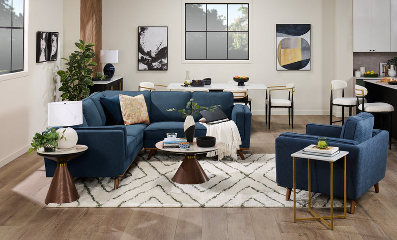 Kort & Co. Kassia 2-Piece Linen-Look Fabric Sectional with Wood Base and Legs - Blue