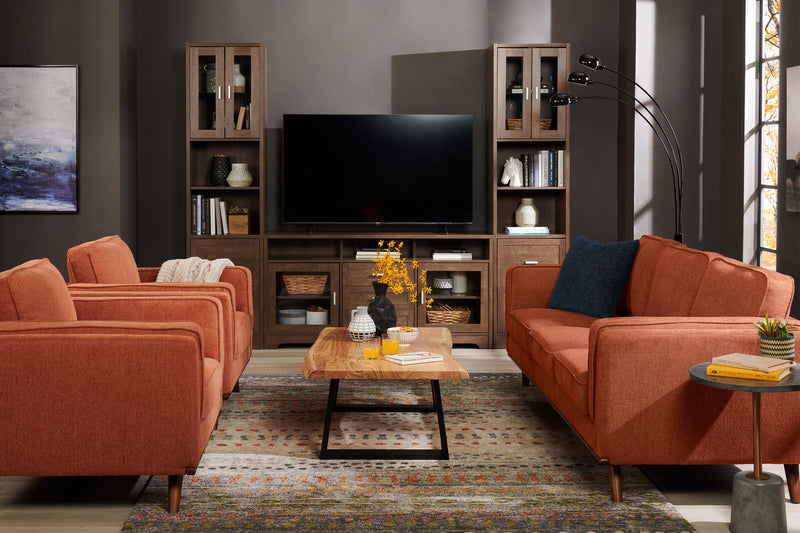 Kort & Co. Kassia 90.6\" Linen-Look Fabric Sofa with Wood Base and Legs - Orange