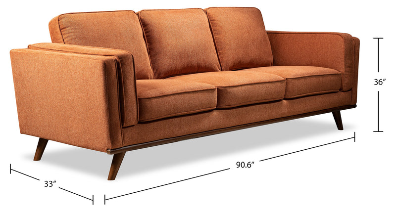 Kort & Co. Kassia 90.6\" Linen-Look Fabric Sofa with Wood Base and Legs - Orange