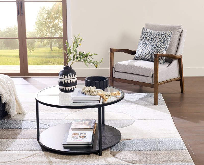 Kendal 31.5\" Modern Round Glass Top Coffee Table with Casters - Black