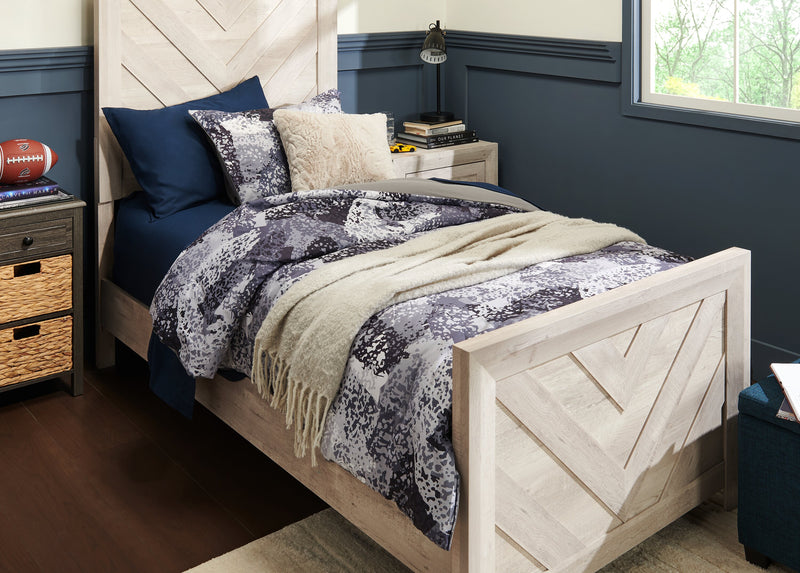 Lark Panel Bed with Headboard & Frame for Kids, Chevron Pattern, Rustic White - Twin Size