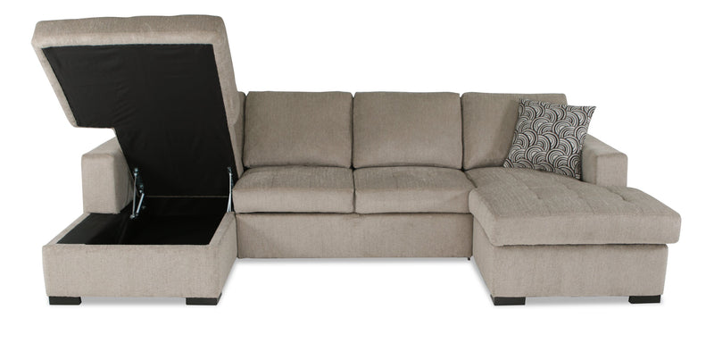 Made in Canada Legend 3-Piece Chenille Fabric Sleeper Sectional with Two Storage Chaises - Platinum Beige