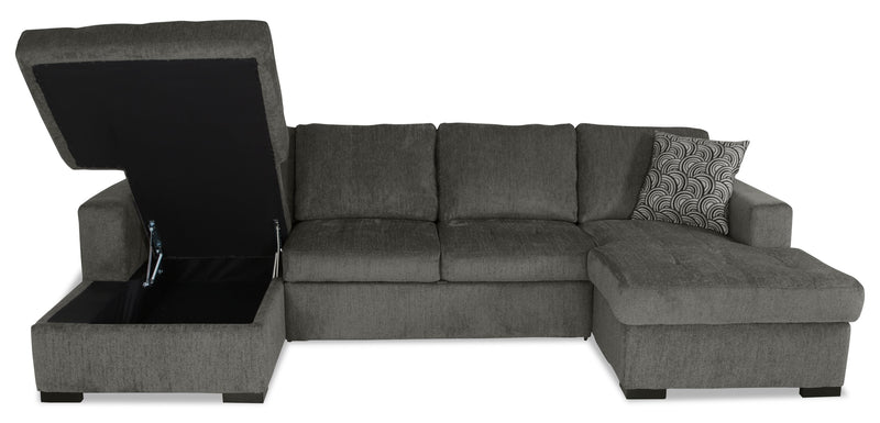 Made in Canada Legend 3-Piece Chenille Fabric Sleeper Sectional with Two Storage Chaises - Pewter Brown