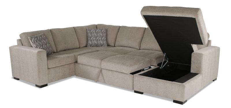 Made in Canada Legend 3-Piece Right-Facing Chenille Fabric Sleeper Sectional with Storage Chaise - Platinum Beige