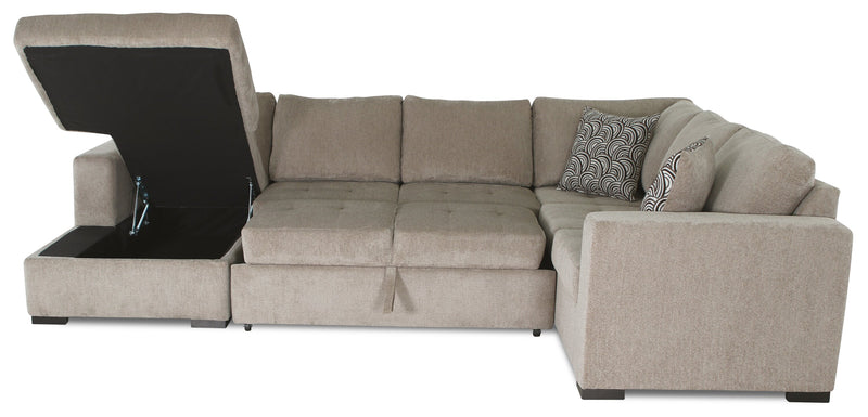 Made in Canada Legend 4-Piece Left-Facing Chenille Fabric Sleeper Sectional with Storage Chaise - Platinum Beige