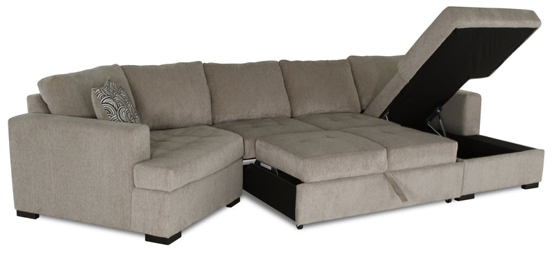 Made in Canada Legend 3-Piece Left-Facing Chenille Fabric Cuddler Sleeper Sectional with Chaise - Platinum Beige