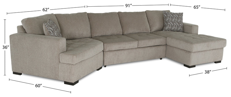 Made in Canada Legend 3-Piece Left-Facing Chenille Fabric Cuddler Sleeper Sectional with Chaise - Platinum Beige
