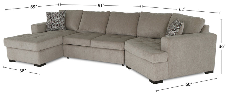 Made in Canada Legend 3-Piece Right-Facing Chenille Fabric Cuddler Sleeper Sectional with Chaise - Platinum Beige