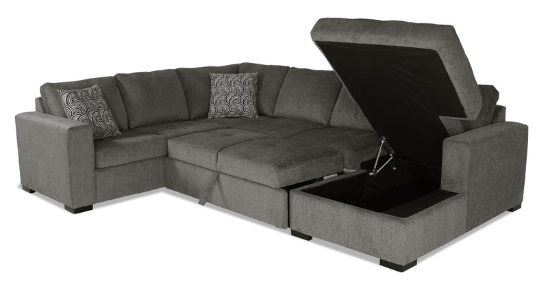Made in Canada Legend 3-Piece Right-Facing Chenille Fabric Sleeper Sectional with Storage Chaise - Pewter Brown
