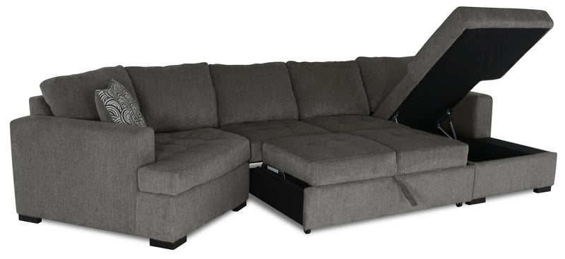 Made in Canada Legend 3-Piece Left-Facing Chenille Fabric Cuddler Sleeper Sectional with Chaise - Pewter Brown