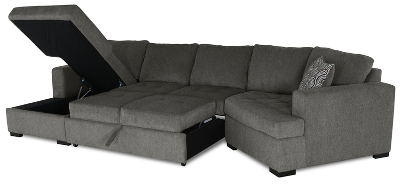 Made in Canada Legend 3-Piece Right-Facing Chenille Fabric Cuddler Sleeper Sectional with Chaise - Pewter Brown