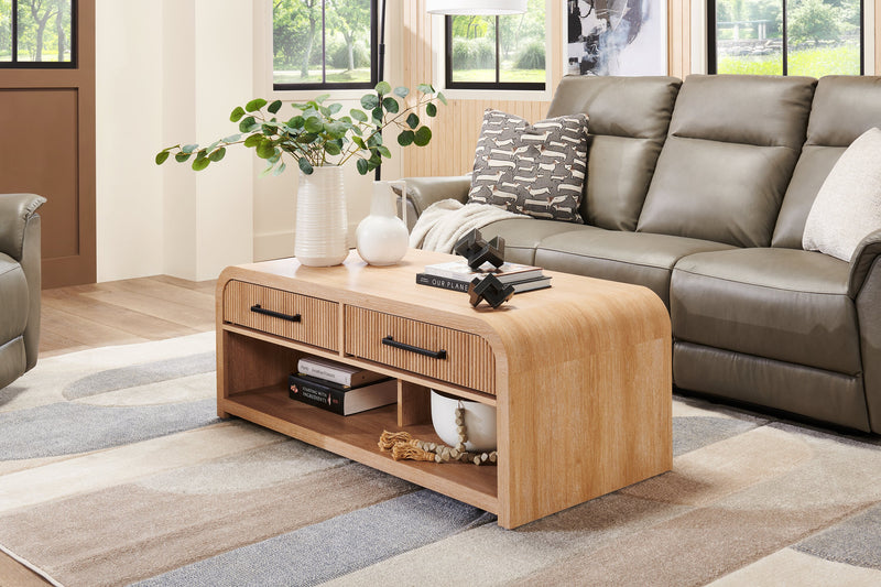 Scott Living Lenore 48” Modern Coffee Table with Storage, Shelf and Casters - Natural
