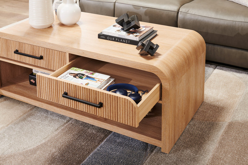 Scott Living Lenore 48” Modern Coffee Table with Storage, Shelf and Casters - Natural