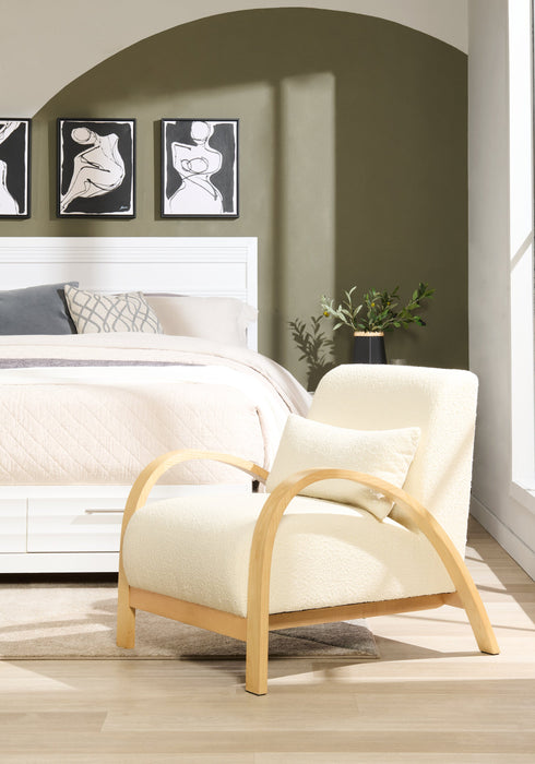 Loft 27.55\" Boucle Fabric Accent Chair with Accent Pillow and Wood Armrests and Legs - White