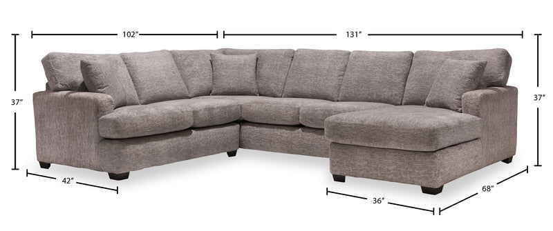 Made in Canada Luxe 3-Piece Right-Facing Fabric Sectional with Removable Cushions - Zaftig Dove Grey