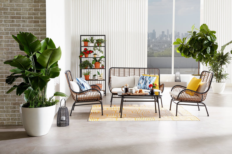 Maki 4-Piece Outdoor Patio Conversation Set with Loveseat, 2 Chairs & Glass Top Coffee Table - Hand-Woven Resin Wicker, UV & Weather Resistant - Natural